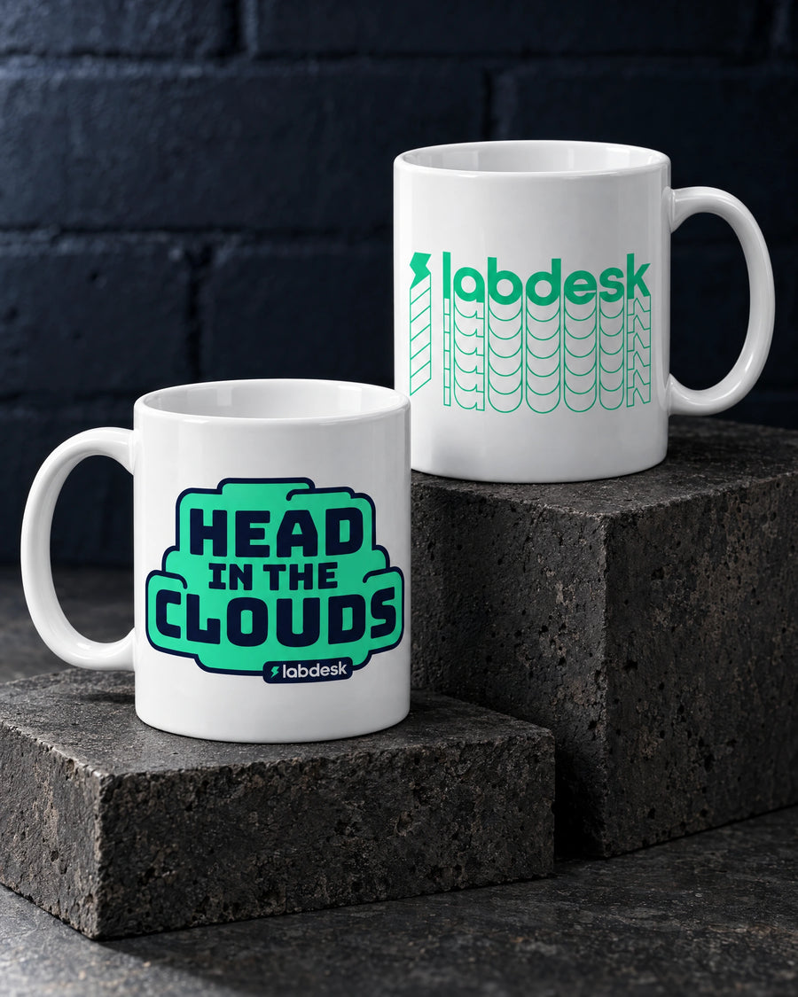 White custom printed ceramic mugs showing labdesk head in the clouds on front and back, by Project Print.