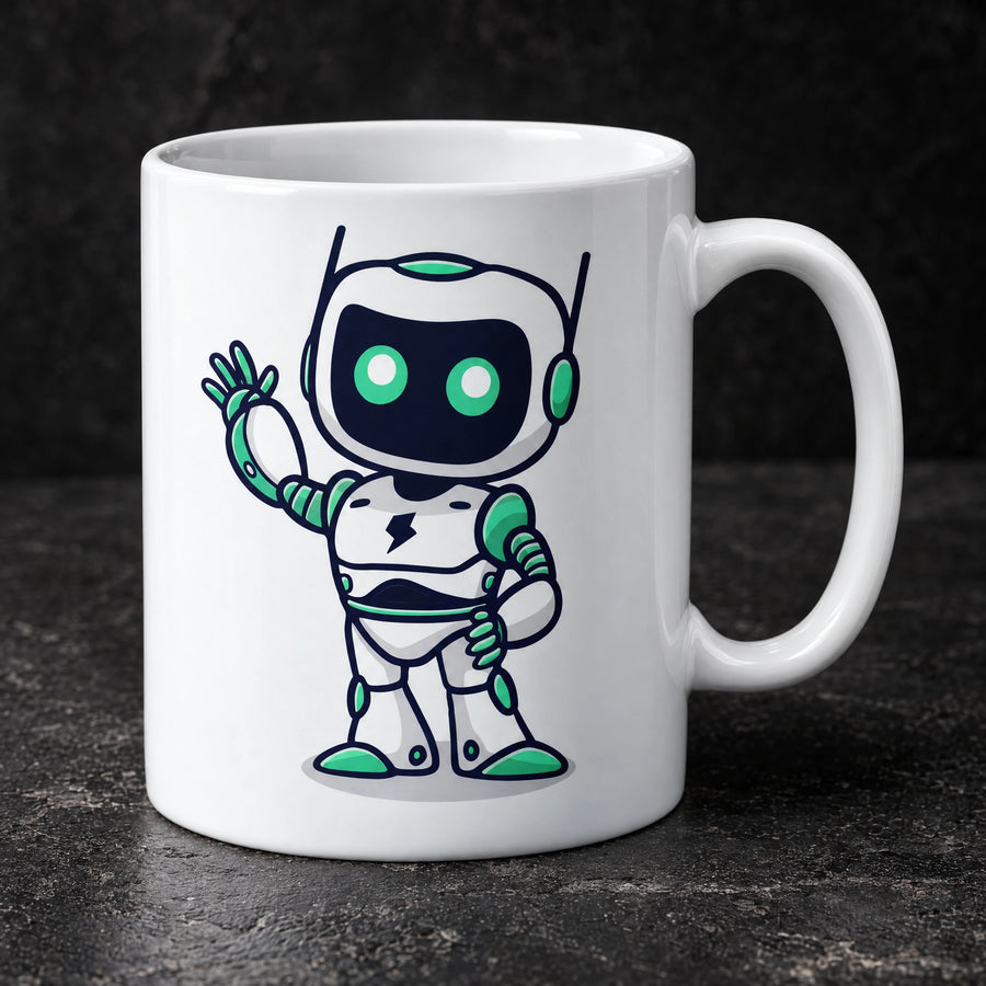 White custom printed ceramic mug showing labdesk robot on print and ceramic detail, by Project Print.