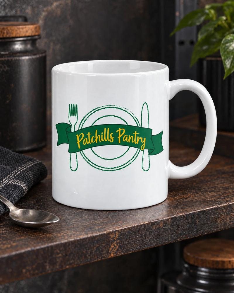 White custom printed ceramic mug showing patchills pantry on rustic café hero, by Project Print.