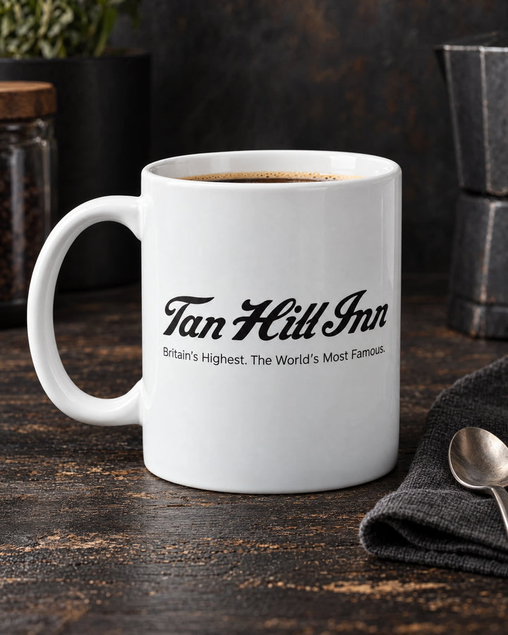 White custom printed ceramic mug showing tan hill inn on coffee setting, by Project Print.