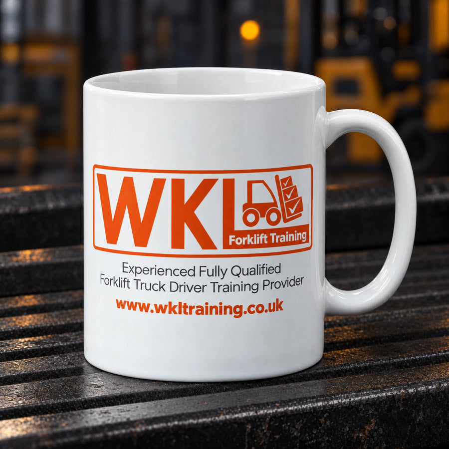 White custom printed ceramic mug showing wk forklift training on warehouse hero, by Project Print.