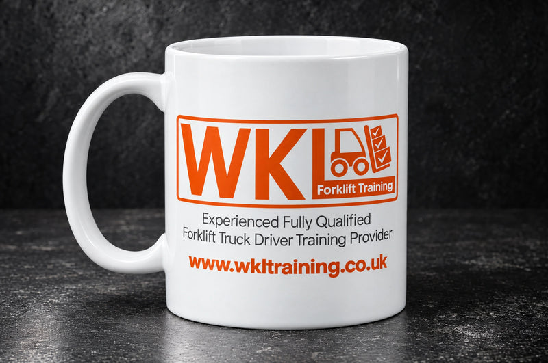 White custom printed ceramic mug showing wk forklift training on print and handle view, by Project Print.