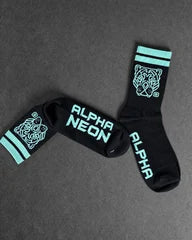 Projectprint custom jacquard knit socks — alpha neon black mint, studio view