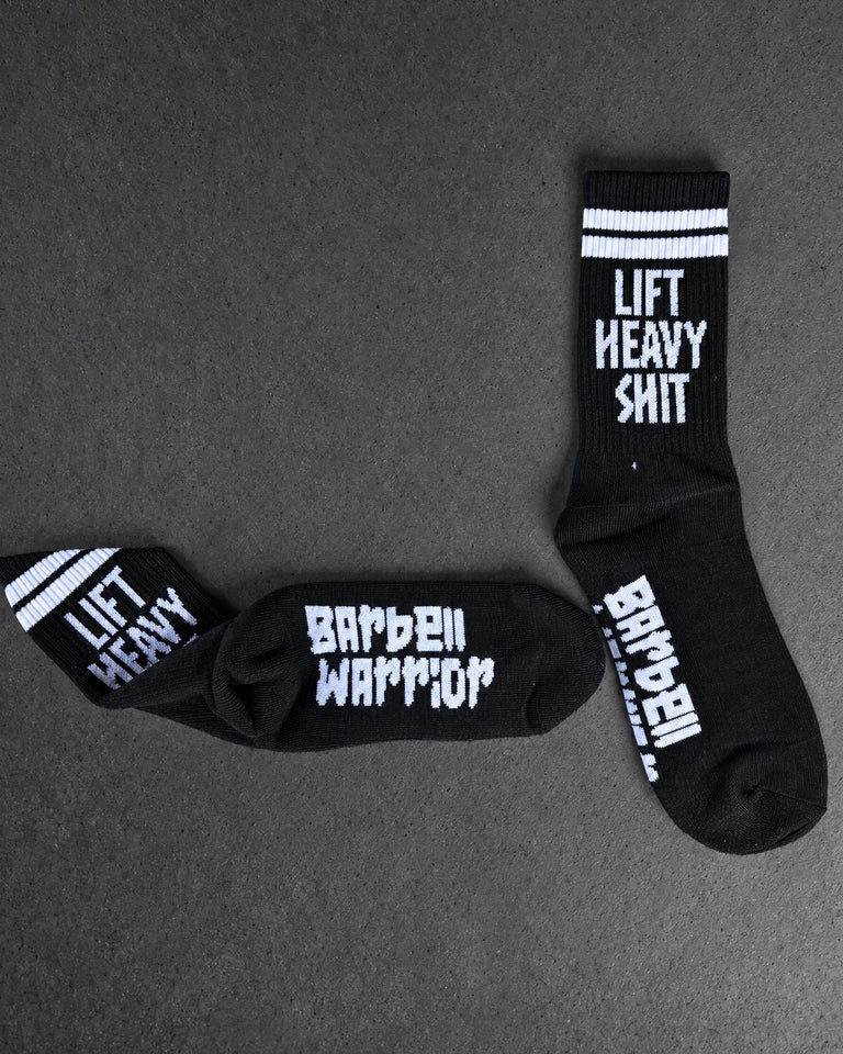 Projectprint custom jacquard knit socks — barbell warrior black, studio view