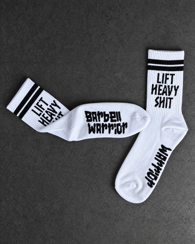 Projectprint custom jacquard knit socks — barbell warrior white, studio view