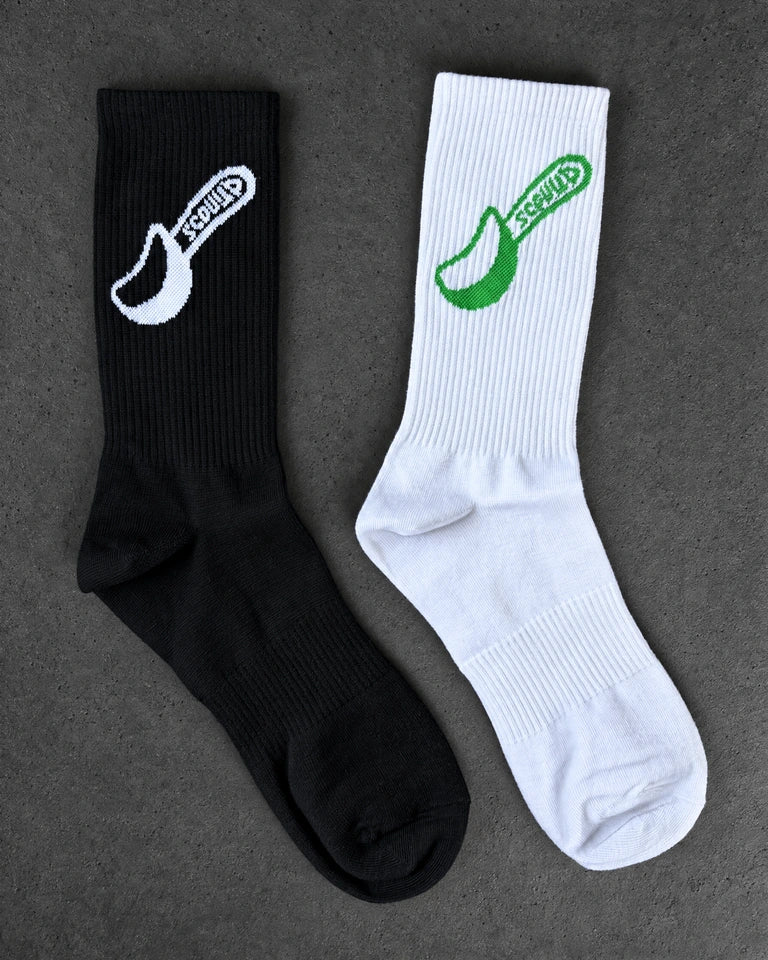 Projectprint custom jacquard knit socks — scoop spoon black white green, studio view