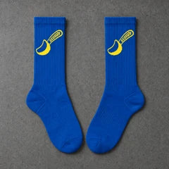 Projectprint custom jacquard knit socks — scoop spoon blue yellow, studio view