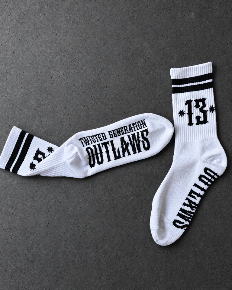 Projectprint custom jacquard knit socks — twisted generation outlaws white, studio view