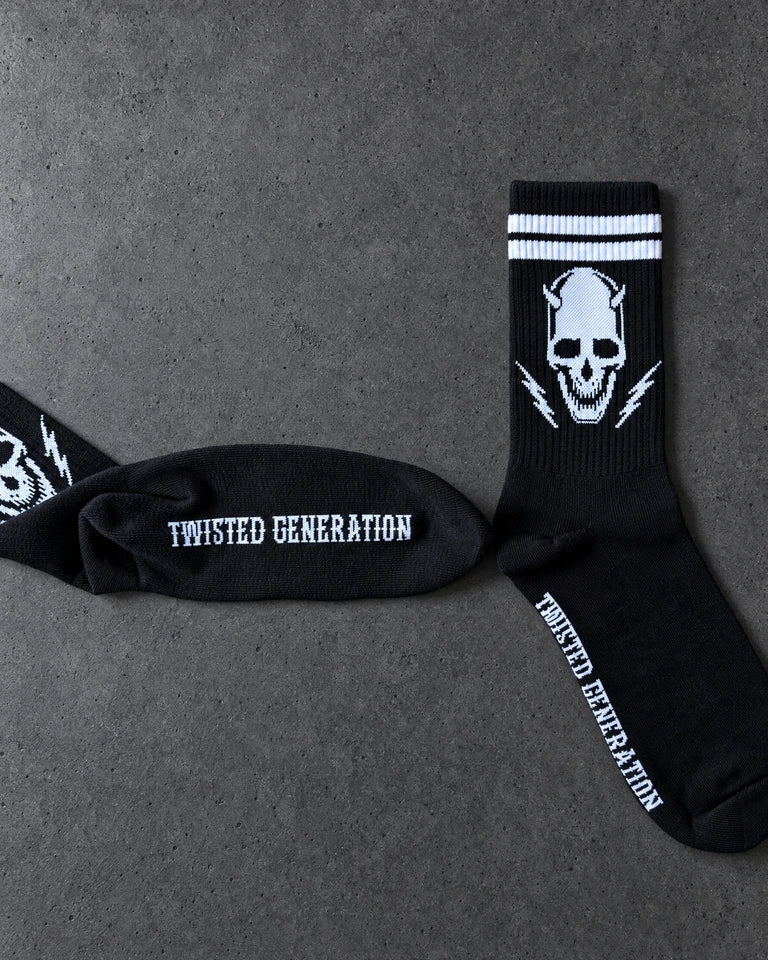 Projectprint custom jacquard knit socks — twisted generation skull black, studio view