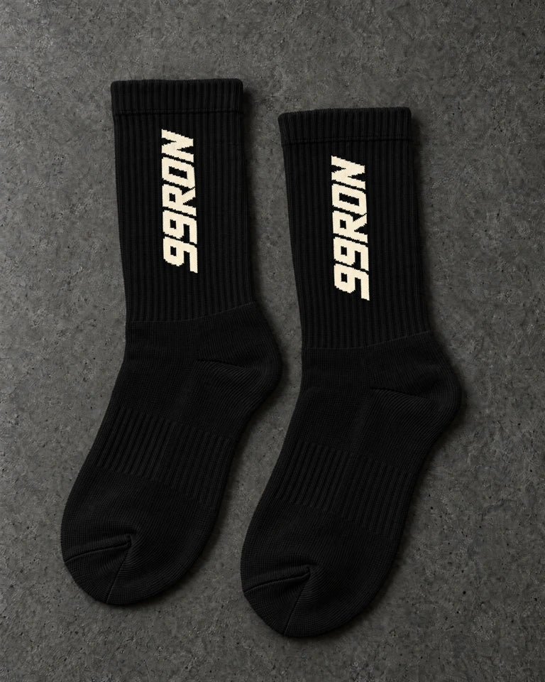 Projectprint custom terry crew socks — 99 ron black cream, upright pair studio view