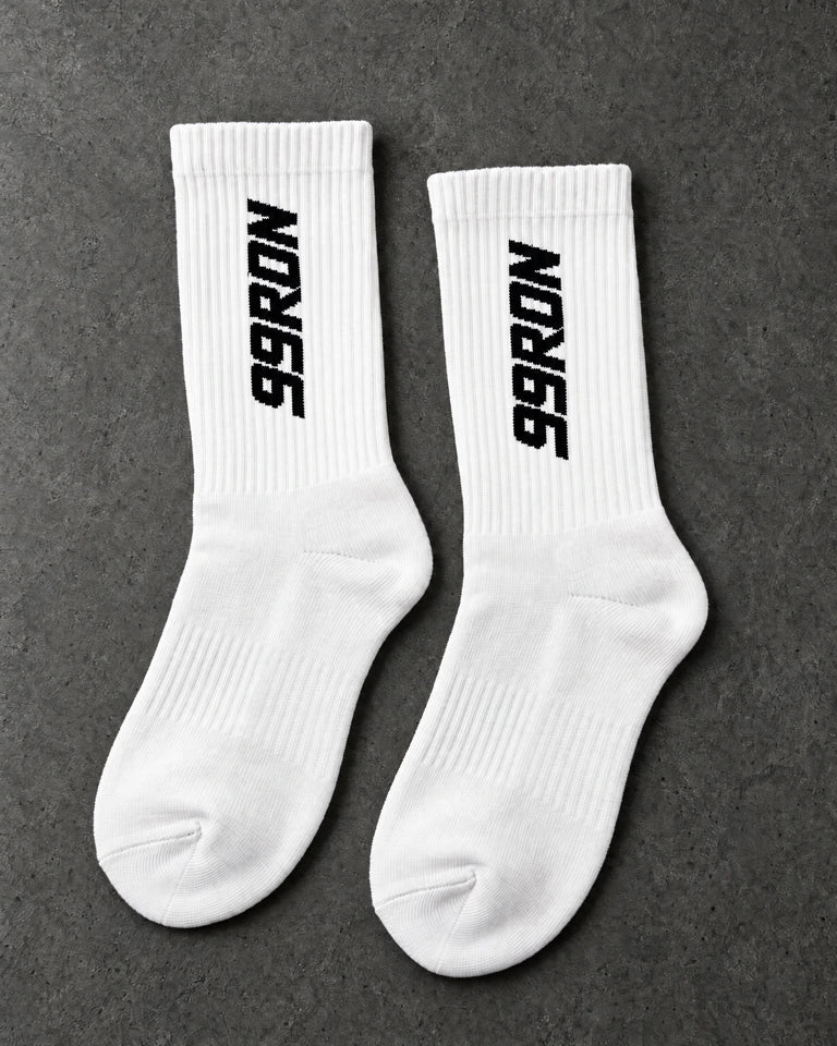 Projectprint custom terry crew socks — 99 ron white black, upright pair studio view