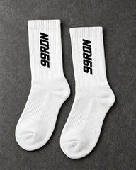 Projectprint custom terry crew socks — 99 ron white black, upright pair studio view