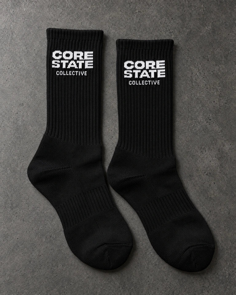 Projectprint custom terry crew socks — corestate black white, upright pair studio view