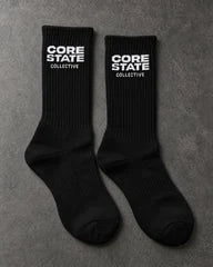 Projectprint custom terry crew socks — corestate black white, upright pair studio view