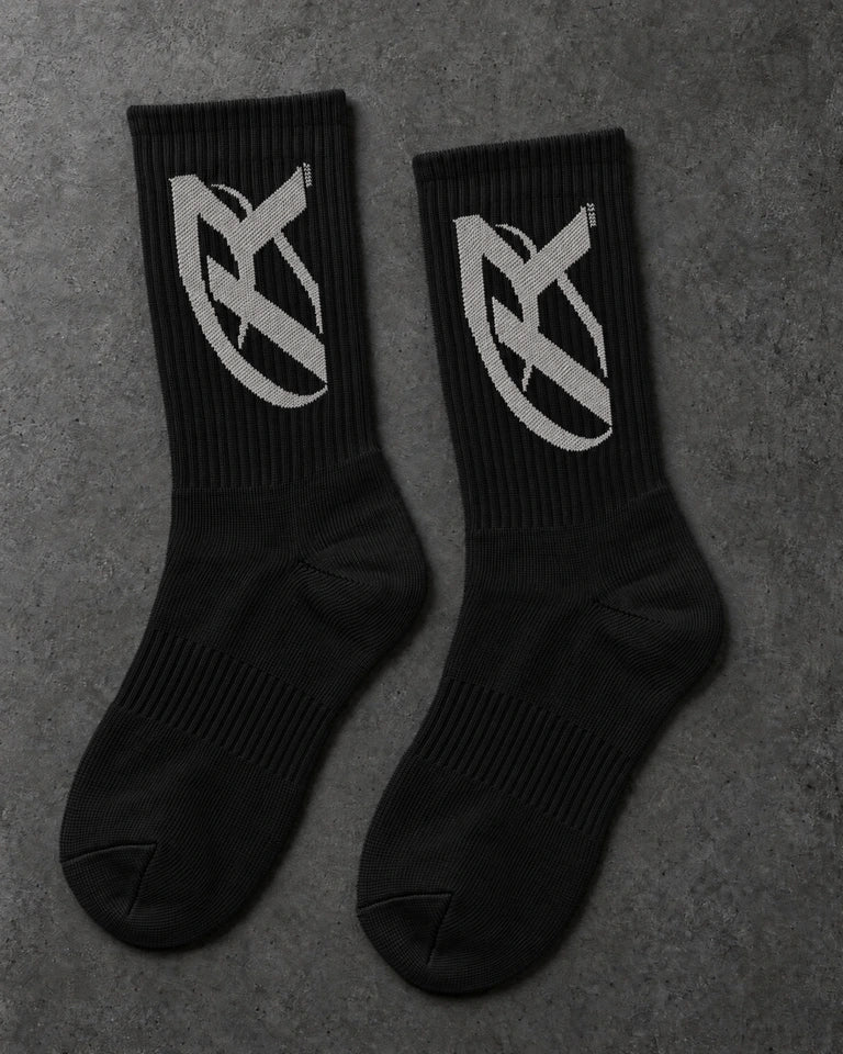 Projectprint custom terry crew socks — r logo black grey, upright pair studio view