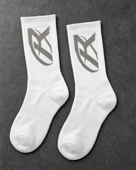 Projectprint custom terry crew socks — r logo white grey, upright pair studio view